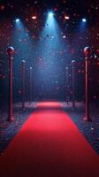 Red carpet event with spotlights and confetti falling in an elegant indoor setting photo