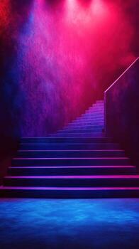 Stairs illuminated by vibrant pink and blue lights create a dramatic atmosphere in a dim environment photo