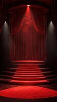 Dramatic red stage with curtains and spotlight creates an immersive atmosphere for a performance photo