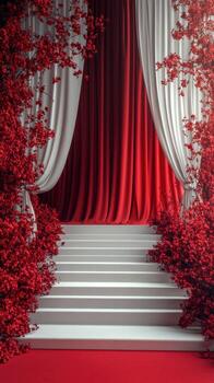 Red floral backdrop with white curtains and stairs creates a dramatic setting for an event in a well-decorated venue photo