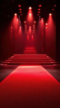 Illuminated red runway in a fashion show venue with steps leading to the stage photo