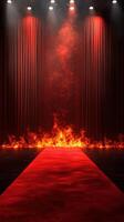 Red carpet pathway illuminated by flames with dark curtains in the background for a dramatic event setting photo