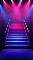 Vibrant staircase under colorful lights creates an enchanting atmosphere in a starry backdrop photo
