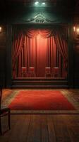 Red velvet curtains frame an empty stage with wooden flooring and chairs waiting for a performance in a vintage theater photo