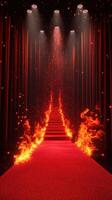 Dramatic red carpet leading to a fiery staircase under spotlight in a theater setting photo