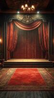 Elegant theater stage with rich red curtains and ornate details in a vintage setting photo