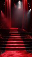 Red carpet stage set for an evening performance with dramatic lighting and rose petals photo