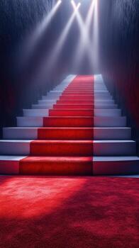 Red carpet entrance leading to illuminated staircase in event venue photo