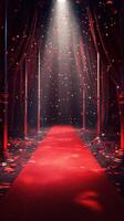 Elegant red carpet entrance adorned with floating rose petals and dramatic lighting in a dimly lit venue during a special event photo