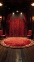 Elegant theater stage set with rich red curtains and a plush rug in a vintage venue photo