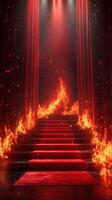 Stairs adorned with flames lead to a dramatic stage setting lit by bright spotlights photo