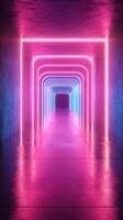Neon tunnel illuminated with vibrant lights creating a captivating ambiance in a modern space at night photo