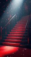Majestic red carpet staircase adorned with rose petals in a dramatic light setting during an evening gala event photo