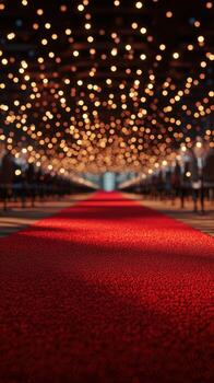 Elegant red carpet pathway illuminated by warm lights in a festive indoor setting during evening hours photo