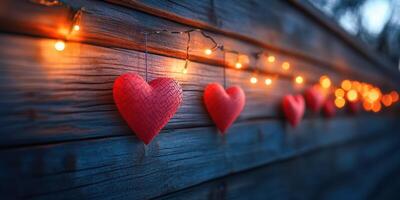 Decorative hearts and warm lights adorn a rustic wooden fence at twilight during a romantic celebration photo