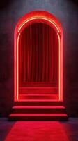 Stunning red arch entrance with illuminated steps and curtains in a dramatic setting photo
