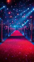 Red carpet entrance at a glamorous event illuminated by colorful lights in a stylish venue photo