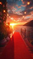 Pathway to the sunset over the ocean with decorative lights and floral arrangements photo