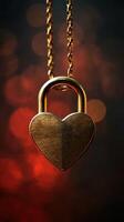 Heart-shaped padlock hangs from a chain against a blurred red background with bokeh lights photo