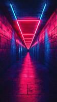 Neon-lit corridor with vibrant colors creates an eerie atmosphere in an underground setting at night photo