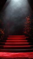 Red carpet stairs illuminated by dramatic lighting create an elegant atmosphere for a prestigious event in a dimly lit venue photo