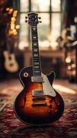 Classic electric guitar displayed in a cozy music studio filled with warm lighting and rustic decor photo