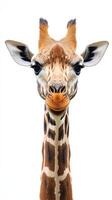 Giraffe stands gracefully against a white background showcasing its long neck and unique pattern photo