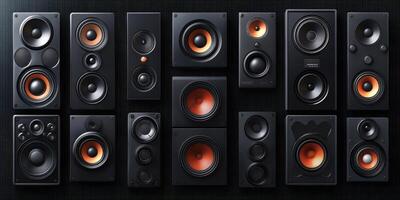 Collection of various speaker designs arranged on a dark background showcasing their unique shapes and sizes photo