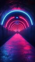 Vibrant neon tunnel illuminates the path with vivid colors in an urban setting during nighttime hours photo