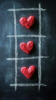 Red chalk hearts arranged in a tic-tac-toe grid on a blackboard background for a creative classroom setting photo