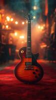 Electric guitar stands prominently in an atmospheric venue with warm lighting and a rich carpet photo