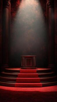 Dramatic spotlight shines on an empty podium in a crimson and shadowy auditorium setting photo