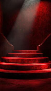 Red staircase with dramatic lighting in a dimly lit environment, creating an eerie but captivating atmosphere photo