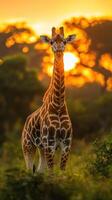Giraffe standing gracefully in the savannah at sunset surrounded by vibrant nature and warm hues photo