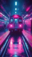 Vibrant subway station at night with neon lights illuminating a train waiting on the platform for passengers photo