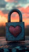 Rusty heart-shaped padlock rests on a surface as colorful sunset fills the background with hues and tones in a serene moment photo
