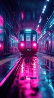 Vivid neon-lit subway platform with rain reflections at night in an urban setting photo
