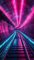 Illuminated railway tunnel featuring vibrant pink and blue lights in an urban setting photo