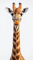 Giraffe with distinctive markings and long neck stands against a light background in a natural habitat during daytime photo