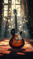 Beautiful electric guitar on a vibrant carpet illuminated by soft light in an atmospheric setting photo