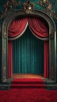 Elegant theater stage with deep red curtains and a rich green backdrop for performances photo