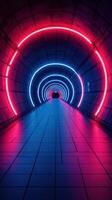 Vibrant neon lights illuminate modern tunnel in urban area at night creating a futuristic atmosphere photo
