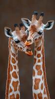 Two giraffes engage in a gentle interaction while standing close together in a warm-toned environment during a sunny day photo