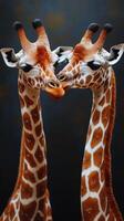 Giraffes greet each other affectionately in a close-up encounter against a dark backdrop photo