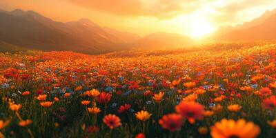Vibrant wildflower meadow at sunset in the mountains with colorful blooms and a warm glow photo