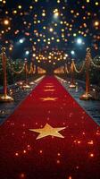 Elegant red carpet pathway adorned with golden stars and twinkling lights at a glamorous evening event photo