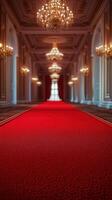 Elegant red carpet leading to a grand hall with chandeliers and tall windows during an evening event photo