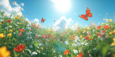 Colorful butterflies fluttering over a vibrant wildflower meadow under a bright blue sky photo