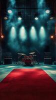Drum set awaits performance on a stage illuminated by dramatic lights and surrounded by fog photo