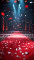 Celebratory confetti falls on a vibrant red carpet under dramatic lighting at a festive event photo